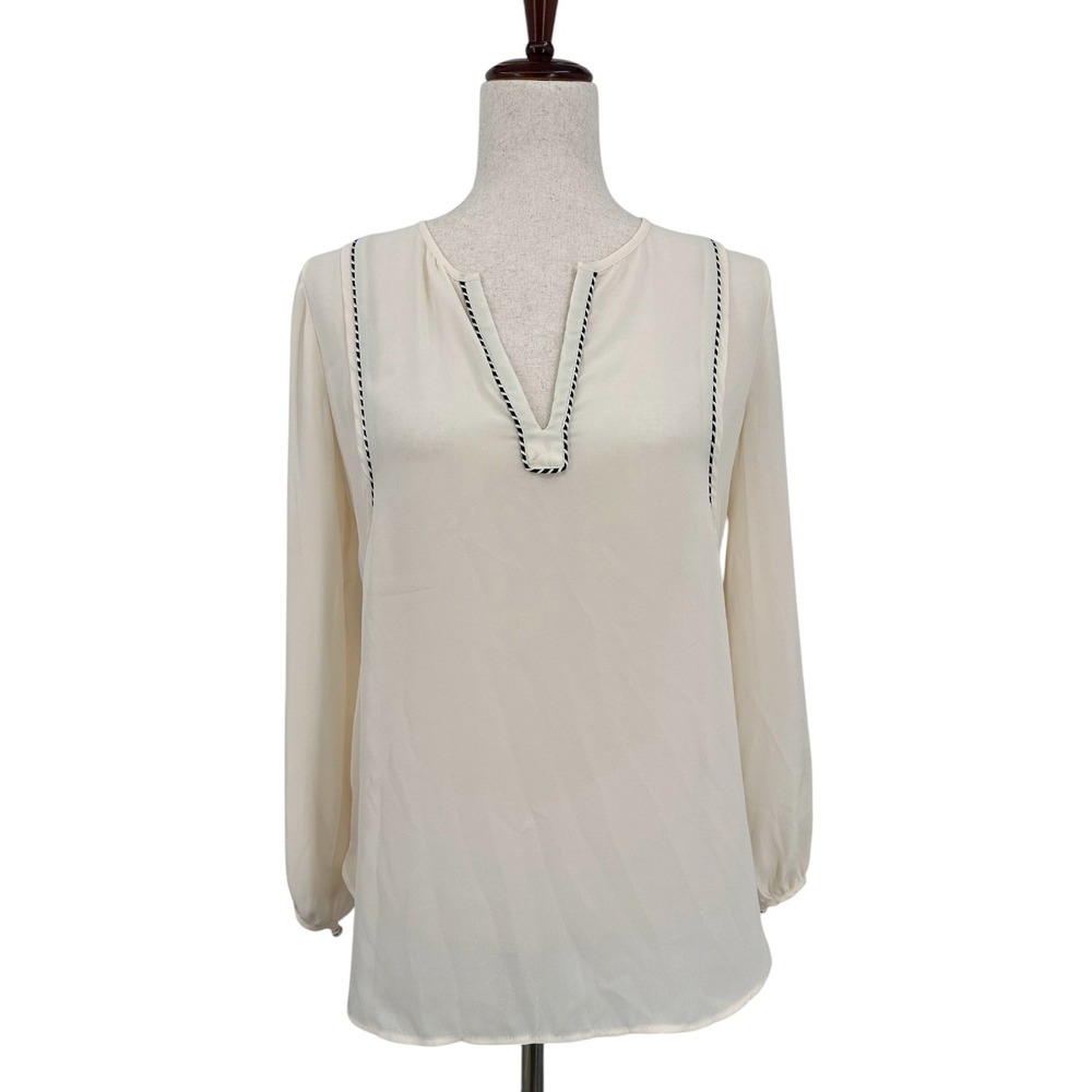 J.CREW Ivory Chiffon Blouse V-Neck Long Sleeve Black Twisted Ribbon‎ Trim Size 0